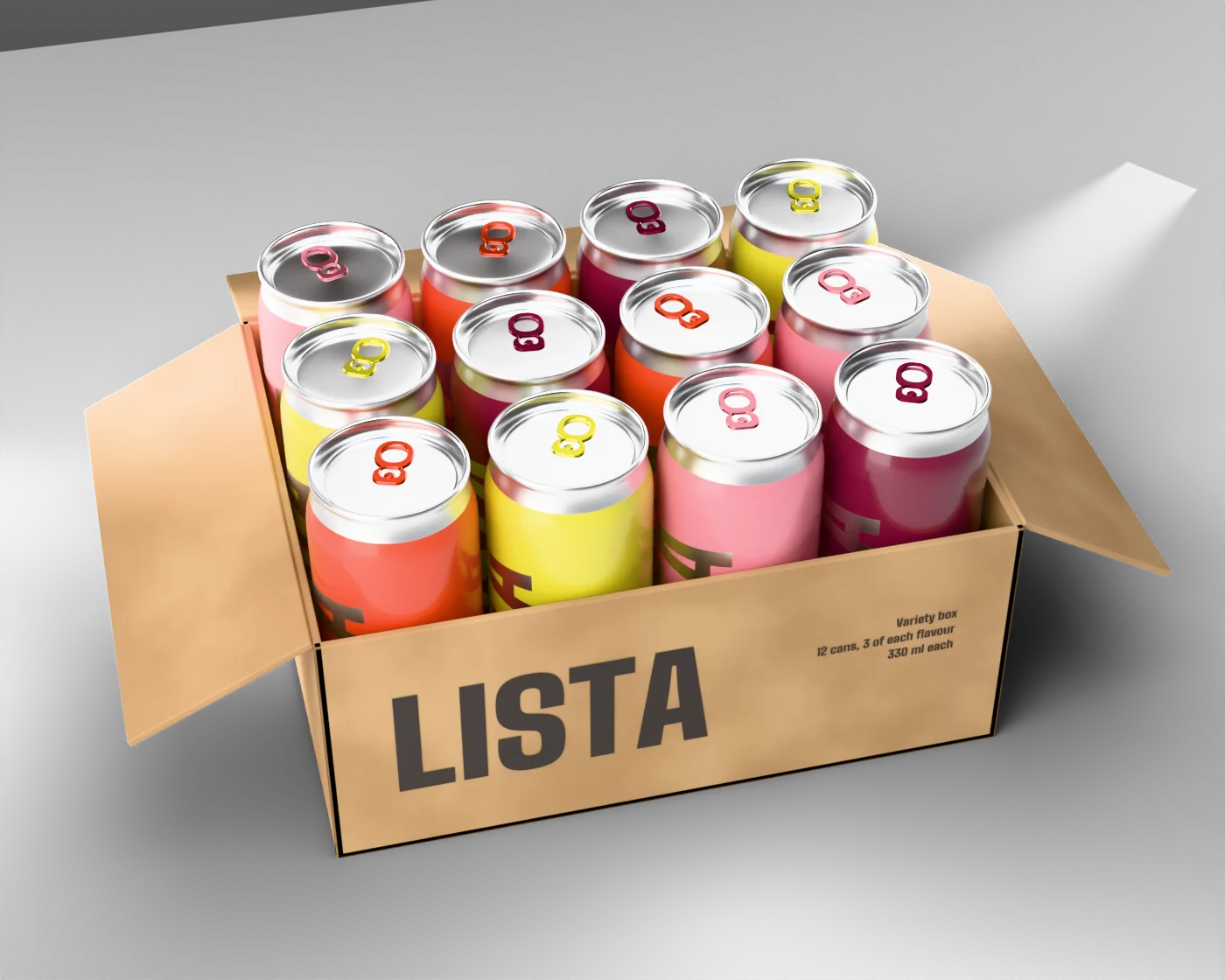 The Lista variety box, open, with twelve cans: three of each flavour